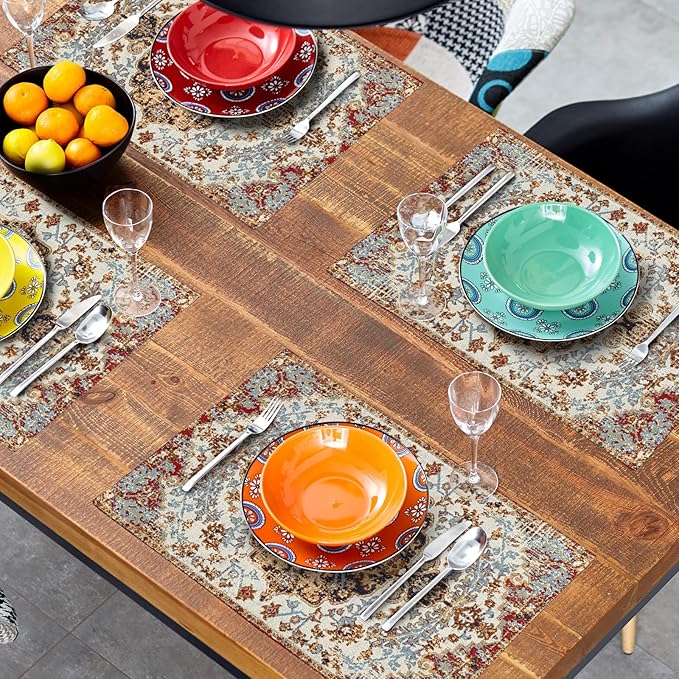 Ethnic Boho Placemats Set of 4 Southwest Brown Blue Carpet Woven Texture Linen Washable Kitchen Dining Table Mats Stain Heat-Resistant Desktop Decor Place Mats for Home Party Indoor 12x18 in
