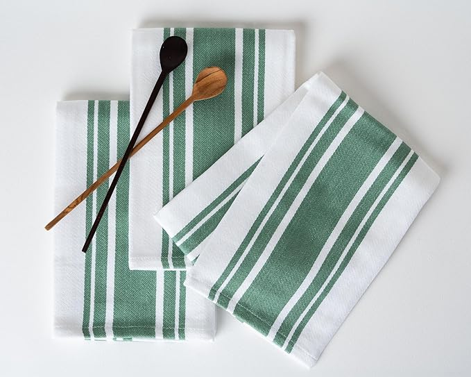 Kitchen Towels Set – Pack of 3 (20’’ x 30’’) Extra Large Premium Cotton Dish Towels for Kitchen – Super Striped Towels – Absorbent – 100% Cotton – with Hanging Loop – Olive