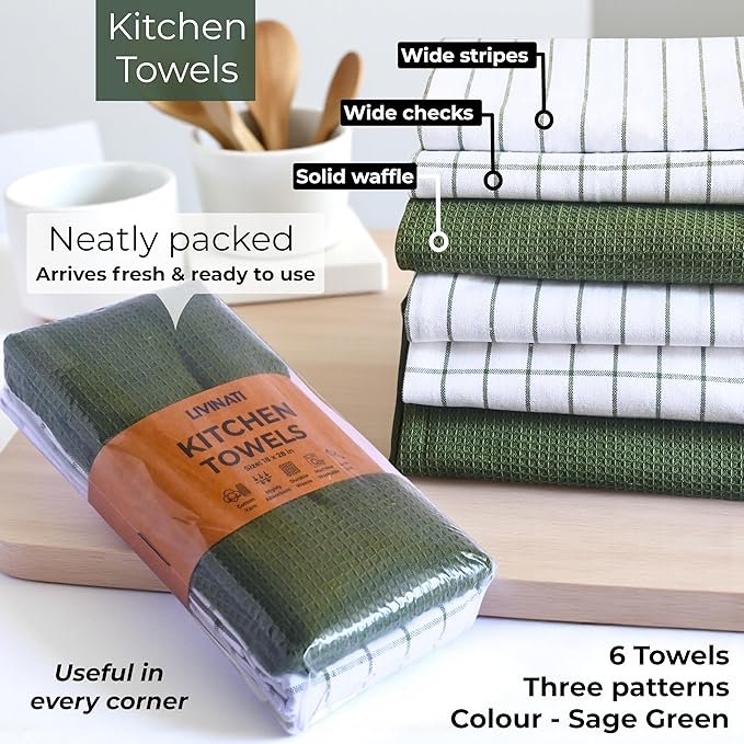 Cotton Dish Towels For Kitchen Drying - Highly Absorbent Wide Sage Green Striped Plaid Tea Towels - 18"X28" Set Of 6 Farmhouse Linen Dishtowels In Bulk - Pano De Prato Para Cozinha - T Towles Towls