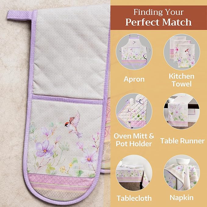 Maison d' Hermine Double Oven Mitts 100% Cotton 7"x35" Double Oven Mitt Heat Resistant BBQ Cooking Gloves with Loop Baking Grilling Gifts for Mothers Day Spring Summer (Magnolia Mornings)