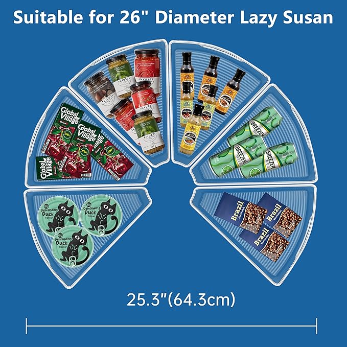 JOWBOOW Lazy Susan Organizer Bins for 26"-27" Diameter Corner Cabinet Lazy Susan, 6 Pack, Clear Plastic Cabinet and Pantry Storage Bin, 1/8 Wedge-Food Safe, BPA Free