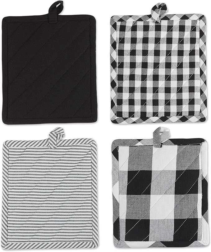 DII Gingham Check Kitchen Collection, Black, Potholder Set