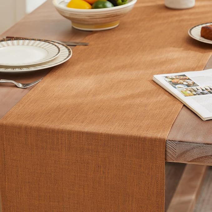ZeeMart Rustic Cotton Linen Table Runner, 13x48 Inches Caramel, Farmhouse Style Caramel Table Runners 48 Inches Long, Washable Kitchen Dining Table Decoration for Home Party Decor