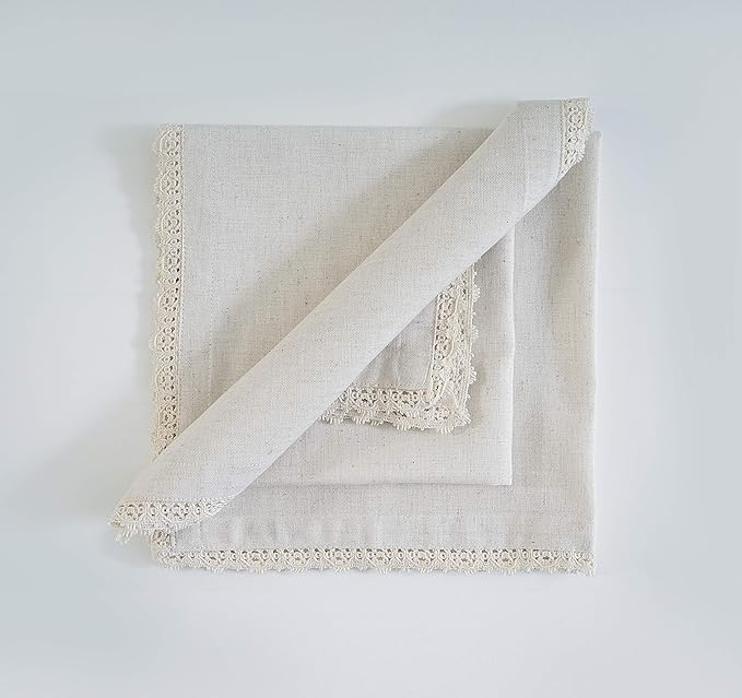 FINGERCRAFT Dinner Cloth Napkin Cotton Linen 12 Pack Vintage Rustic Premium Quality Mitered Corners Napkin Cloth with Elegant Lace for Everyday Use, Pre Shrunk and Good Absorbency 20x20 in Ivory