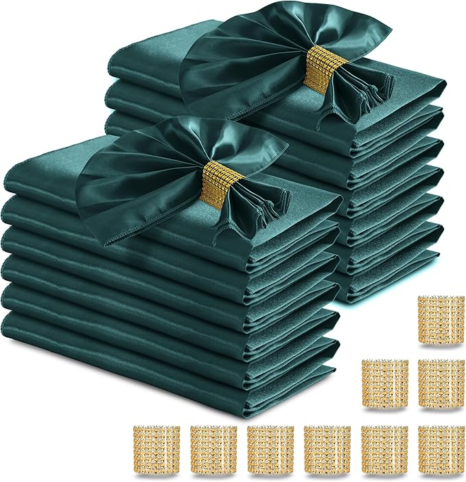 RUDONG M 100 Pcs Dark Green Satin Napkins and Napkin Rings Set, 17 x 17 Inch Square Cloth Napkins Set of 50, Silky Soft Table Napkins Bulk for Weddings, Banquet, Parties Dinner Decoration