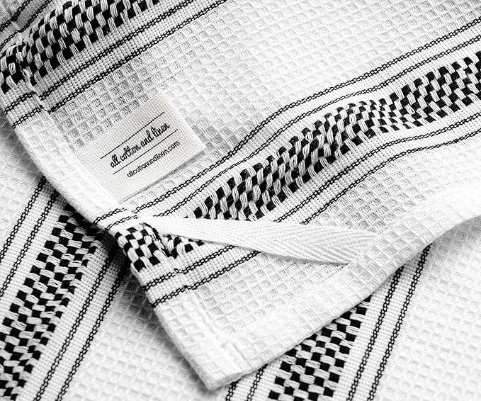 Black Kitchen Towels Set of 6, 100% Cotton Dish Towels, Striped Hand Towel, French Dish Cloths for Washing Dishes, Farmhouse Tea Towels, Absorbent Dish Towel with Hanging Loop, 18 x 28 [Black/White]