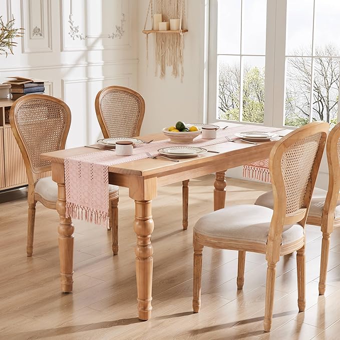 ZeeMart Macrame Style Boho Table Runner, Pink Table Runners 90 Inches Long, Farmhouse Woven Home Decor, 12x90 Inch, Light Pink
