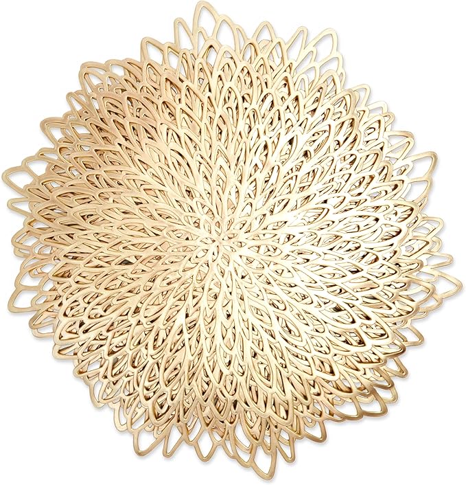 Juvale 10 Pack Gold Vinyl Placemats - 14.4" x 14.4" Round Table Mats and Plate Chargers with Leaf Design for Elegant Table Decor and Protection - Stylish Charger Plates for Events and Wedding Parties