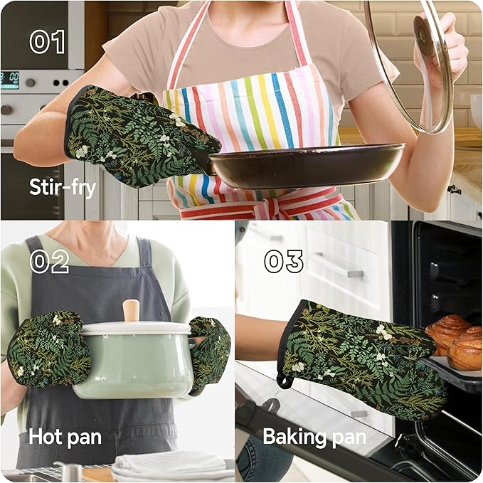 Botanical Print Floral Oven Mitts and Pot Holders Sets Black Sage Green Leaves Kitchen Oven Gloves Hot Pads Farmhouse Potholders and Kitchen Mitts 4Pcs for Baking Cooking BBQ (Black)
