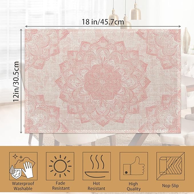 Pink Mandala Placemats Set of 6,Boho Flower Waterproof Non-Slip Washable Table Mats for Kitchen Dining Holiday Party Wedding Decor 12x18 Inch