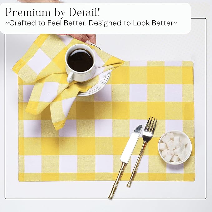 Lemon Yellow Buffalo Plaid Cloth Napkins (Set of 4), 16"x16", Checkered Fabric - Soft, Durable, Reusable Cotton Napkins for Weddings, Dinner Parties, Restaurants, Spring Easter Decor