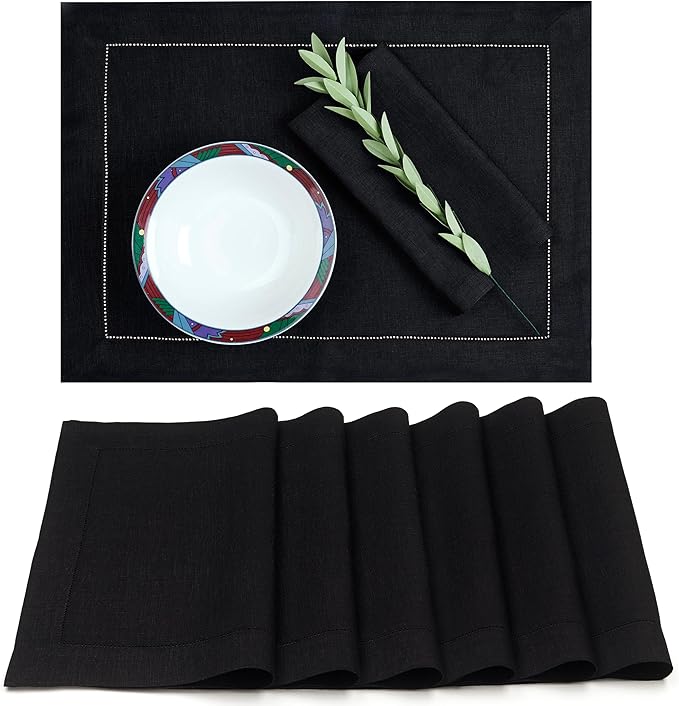 D'Moksha Homes Linen Placemats Set of 6 - Classic Hemstitch Black Placemats 14 x 19 Inch - 100% Pure Linen Table Mats for Spring - Handcrafted and Machine Washable