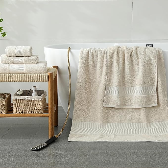 Simple&Opulence Premium 100% Cotton Towel Set - 6 Piece Soft Absorbent Set for Bathroom, Hotel and Spa - 2 Bath Towels 28"x55", 2 Hand Towels 16"x28" & 2 Washcloths 12"x12" (Ivory)