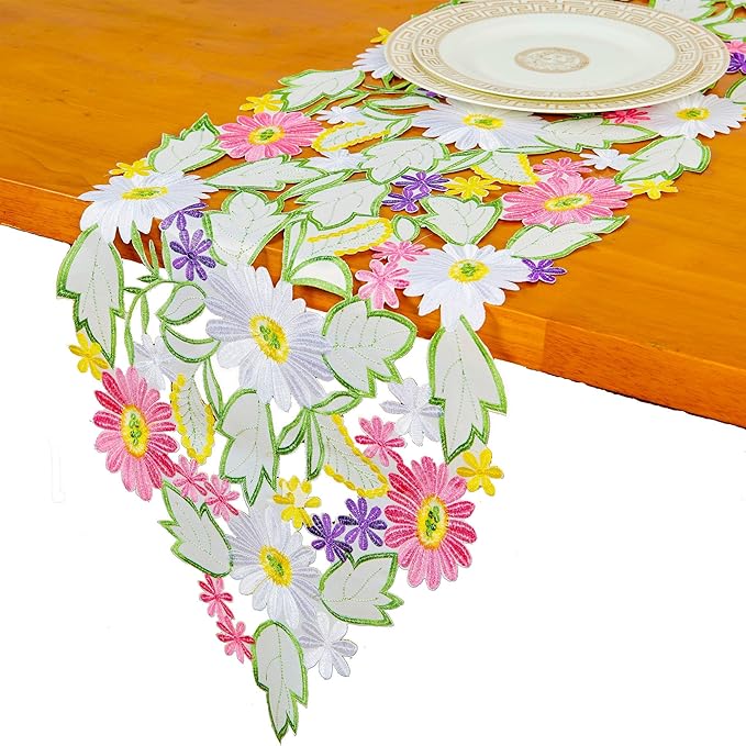 AMARED Spring Daisy Table Runners Embroidered Flowery Applique Floral Cutwork Table Linen for Home Decoration (13 X 54 Inch)