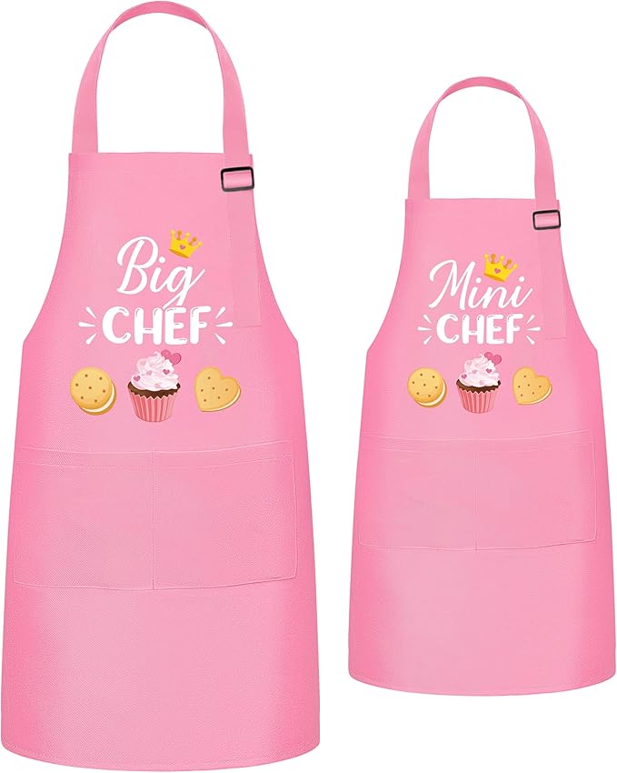 R HORSE 2Pcs Adults Kids Matching Apron Set - Mommy and Me Adjustable Kitchen Apron with 2 Pockets - Parent and Child Matching Gift for Women Kid Cooking Baking Painting Training Gardening