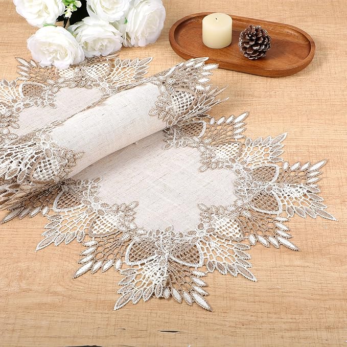 Natural Linen Placemats, 2 Pcs 17.7 × 12 Inch Large Rectangle Doilies for Tables Neutral Earth Tones Beige Table Topper Vintage Rustic Lace Doilies for Home Kitchen Dining Coffee Table Dresser