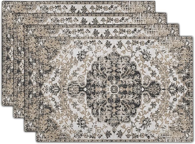 Ethnic Boho Placemats Set of 4 Bohemian Carpet Vintage Gray Floral Linen Washable Kitchen Dining Southwestern Table Mats Stain Heat-Resistant Desktop Decor Place Mats for Home Party Indoor 12x18 in