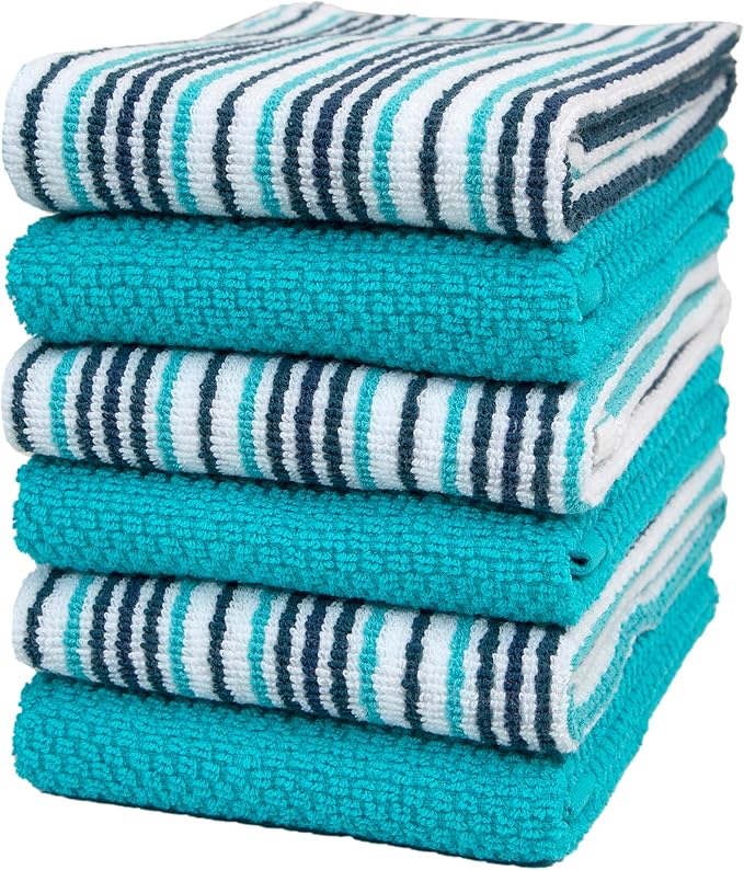 Kitchen Towels 16”x 26” - 6 Pack | Large Cotton Kitchen Hand Towels | Dish Towels | Popcorn Stripe Design | 430 GSM Highly Absorbent Tea Towels Set with Hanging Loop | Dish Towels for Kitchen | Aqua