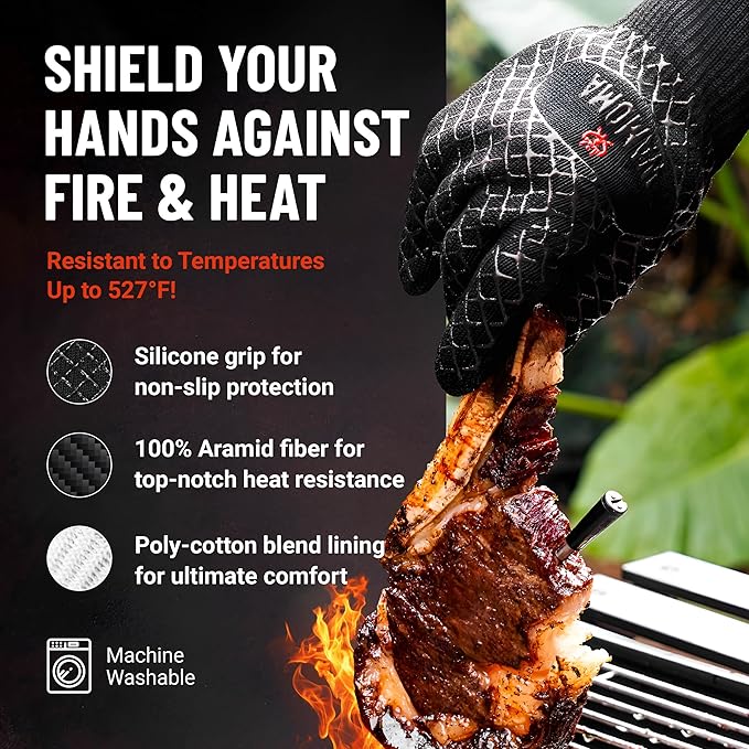 Long Heat Resistant BBQ Gloves - 1472°F Heat Proof Internal Cotton Lining, Non-Slip Silicone Grilling Gloves for Meat Handling, Barbeque, Cooking, XL Oven Gloves with Long Sleeve