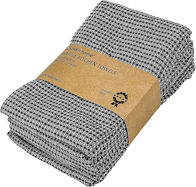 Chardin home Recycled Cotton Waffle Kitchen Towels Set, Black & White | 18x28 Inch Kitchen/Dish Cloths Set of 6 |Super Absorbent Reusable Hand and countertop Towels Ultra Soft Tea Towels