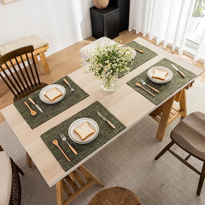 Kevin Textile Christmas Burlap Linen Placemats Set of 6 Heat Resistant Dining Table Place Mats Washable Kitchen Table Mats for Dinning Party Holiday Indoor Outdoor, 13 x19 inches, Peridot Green