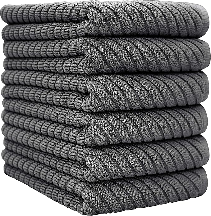 Premium Kitchen Towels (16”x 25”, 6 Pack) | Large Cotton Kitchen Hand Towels | Dish Towels | Diagonal Weave Design | 445 GSM Highly Absorbent Tea Towels Set with Hanging Loop | Grey