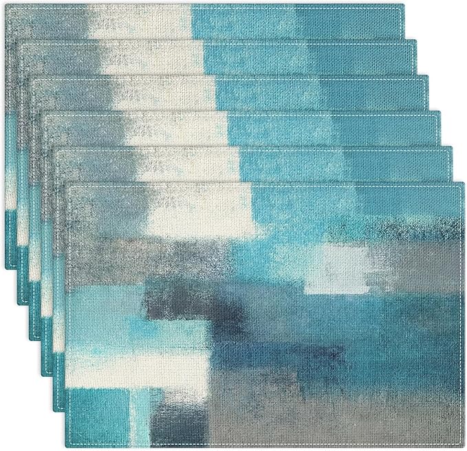 Emvency Farmhouse Placemats Set of 6,12x18 Inch Linen Rectangular Place Abstract Modern Teal Blue Coastal Table Mats for Indoors & Outdoor Home Party Kitchen Dining Decoration