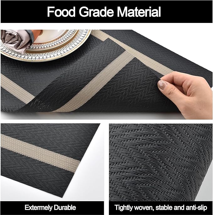 SLKQG Black Placemats Set of 4 - Easy Clean Modern Durable Washable Vinyl Place Mats - Heat Resistant Placemats for Kitchen Table - PVC Table Mats for Dining Table (Black with Stripes, 4)