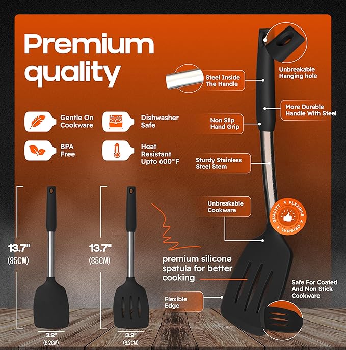 BakeRoyal Silicone Spatula Set - Turner Spatulas Silicone Heat Resistant 600°F - Slotted & Solid Spatula for Cooking Fish, Eggs, Pancakes Flipper – Spatulas for kitchen use – Black