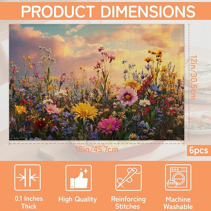 Garden Wlidflowers Placemat Set of 6,Plants Heat Resistant Linen Table Mats for Indoor Outdoor Home Kitchen Dining Room Table 12x18Inch