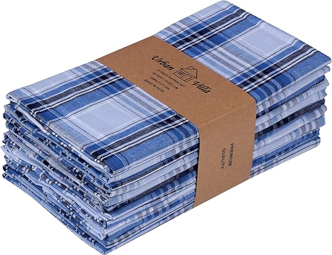 Urban Villa Cotton Dinner Napkins Set of 12, 20x20 Inches Blue Checks, Soft Premium Hotel Quality Napkins, Highly Absorbent, Reusable & Washable Table Dinner Cloth Napkins for Parties & Wedding