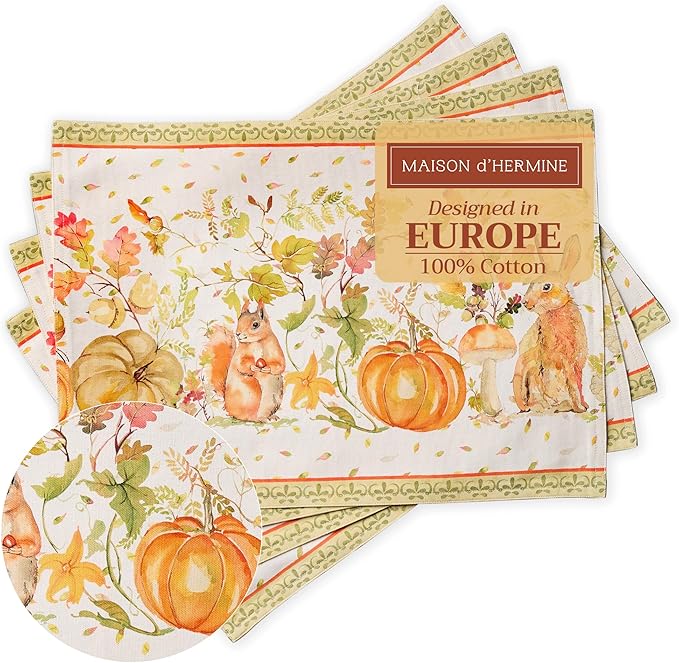 Maison d' Hermine Placemats Set of 4 100% Cotton Washable Cloth Place Mats, Reusable Table Mats for Thanksgiving Christmas Decorations Kitchen Dining Party Wedding (Pumpkin Passion, 13" x 19")