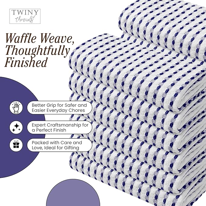 TWINY threads Waffle Kitchen Towels 4 Pack, 16x26 Inches Absorbent Waffle Weave Dish Cloth Set for Drying Dishes, Soft, Durable & Machine Washable Tea Towel, Quick Dry, Indigo Blue, White