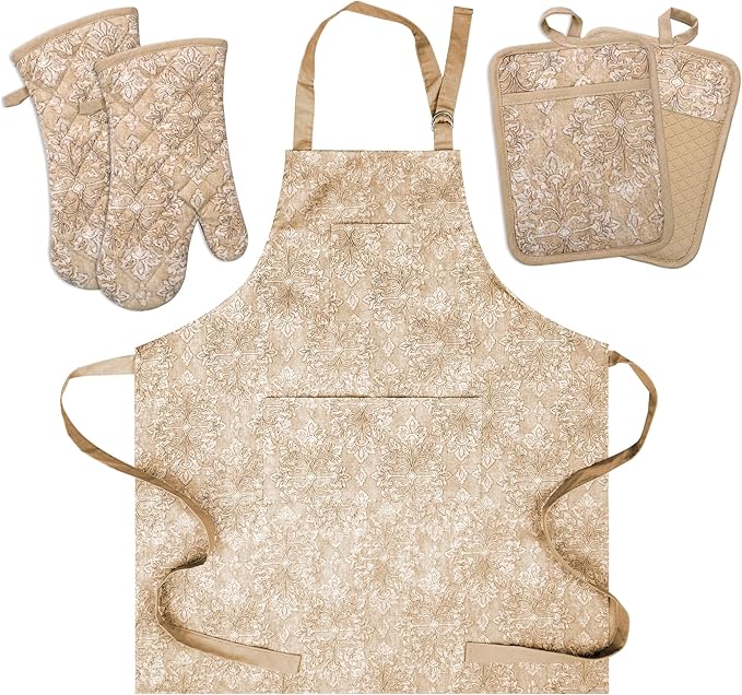 Oven Mitts and Pot Holders with Cooking Apron Set of 5, Heat Resistant Kitchen Gloves and Silicone Non-Slip Potholders, Adjustable Neck Buckle Chef Apron, Cotton Nice Design for Cooking (Tawny)