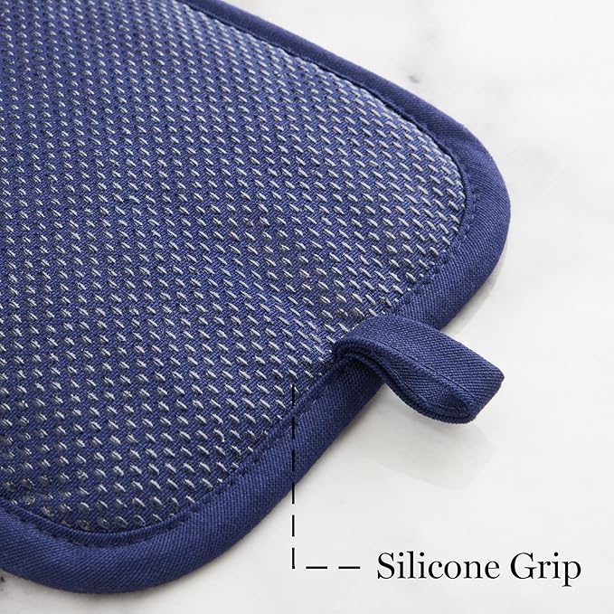 MARTHA STEWART Honeycomb Quilted Chambray Pot Holder 2-Pack Set, 100% Cotton, Flexible Non-Slip Silicone Grip, Heat Resistant, Navy Blue, 7"X10"