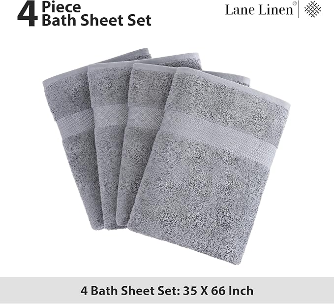 LANE LINEN 100% Pure Cotton Bath Sheets Set of 4 (35"x66") - Ring Spun, Ultra Soft, Skin Friendly & Highly Absorbent Extra Large Towel - Multipurpose Premium Hotel Quality Bathroom Towels - Space Grey