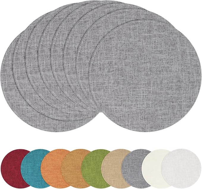 homing 15 Inch Round Cloth Placemats Set of 8, Cotton Linen Blend Washable Table Mats, Farmhouse Dining Place Mats for Indoors & Outdoors, Easy to Clean, Dark Grey