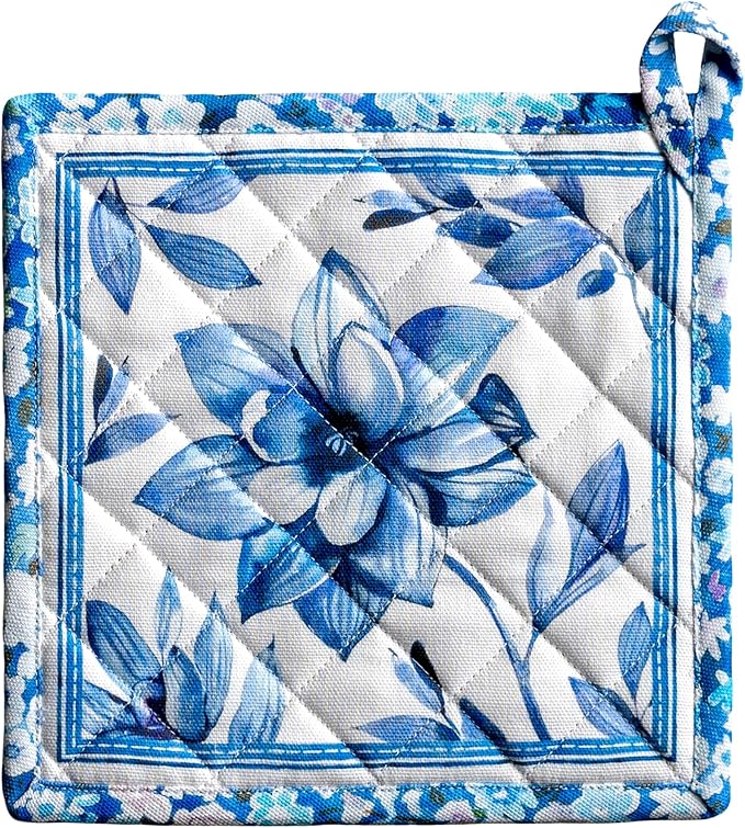 Maison d' Hermine Pot Holders 100% Cotton Heat Resistant Potholders 8" x 8" Hot Pads with Loop BBQ Cooking Baking Gifts for Mothers Day Handling Hot Pans Spring/Summer (Pack of 1, Summer Blues)