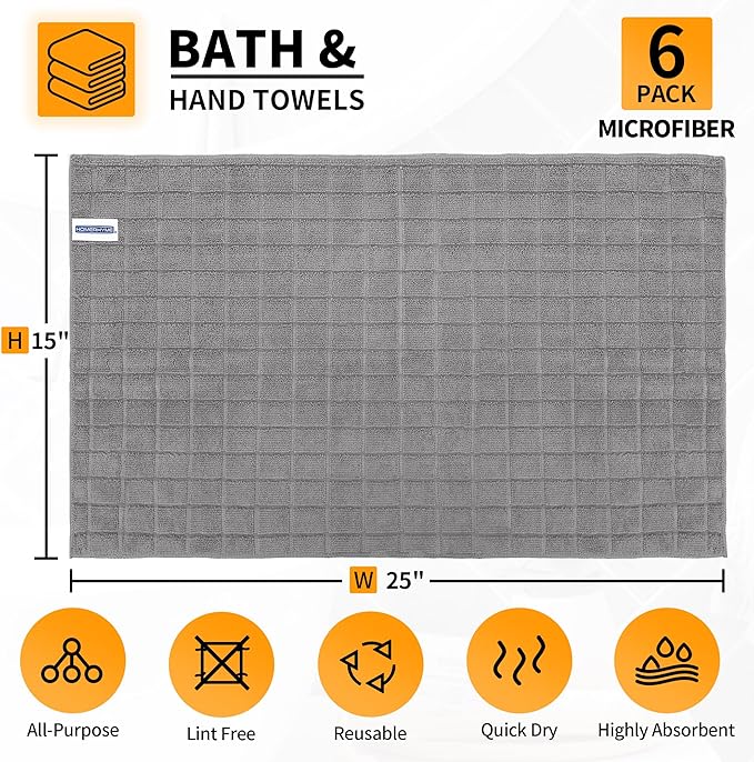 Microfiber Hand Bath Towels, 6 Pack 25''*15'' Grey Bathroom Hand Towels, All-Purpose Quick Dry Lint Free Soft Absorbent Checkered Washcloth Fingertip Towels Bulk for Travel Gym Hotel