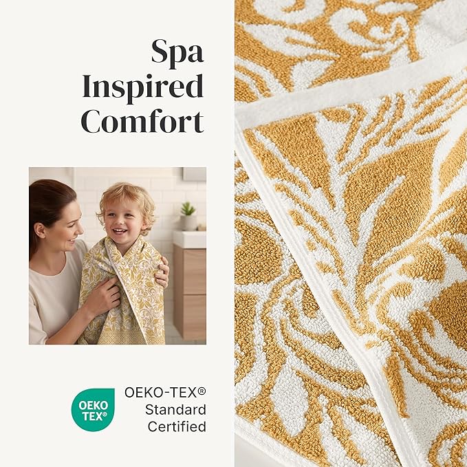 Modern Threads Botanical Vine 6-Piece 100% Cotton Towel Set – Reversible Yarn Dyed Jacquard – Includes 2 Bath Towels, 2 Hand Towels, 2 Washcloths – Absorbent, Quick Dry, Soft & Durable – Gold