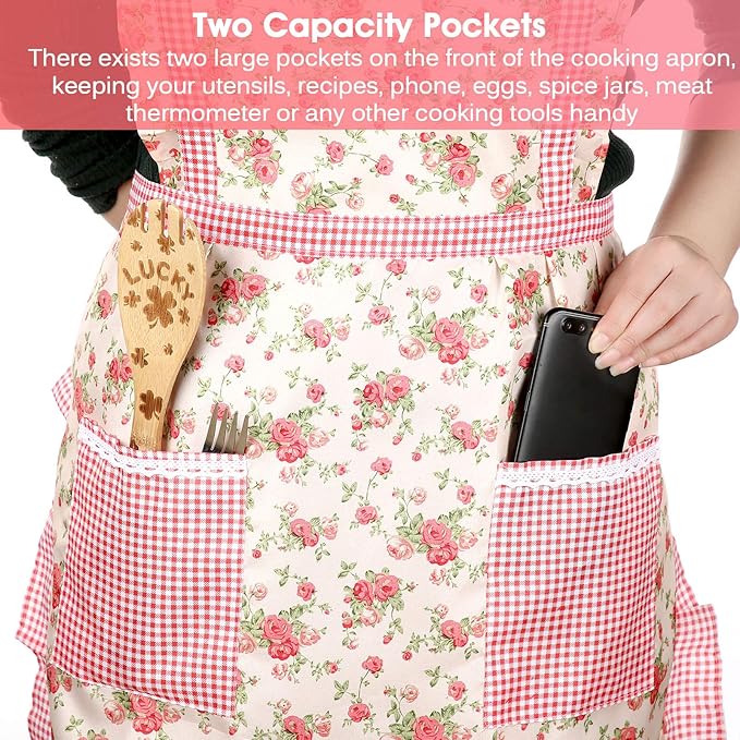 Syhood 3 Pieces Women Floral Aprons with Pockets Vintage Flower Kitchen Cooking Aprons with Adjustable Strap Cute Apron for Kitchen Baking Gardening Household Cleaning Gift Supplies