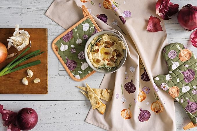 Now Designs Aromatics Dishtowel, Watercolor Onions & Garlic Print, 100% Cotton, W18 x L28in