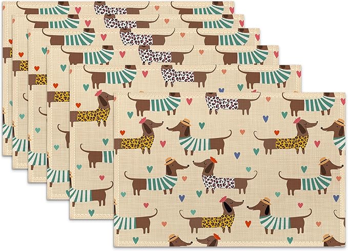 Dachshund Dogs Placemats Set of 6 Linen Heat Resistant,Love Hearts Table Mats Washable Rustic Place Mats Decoration for Home Kitchen Dining Room Party 12x18 Inch