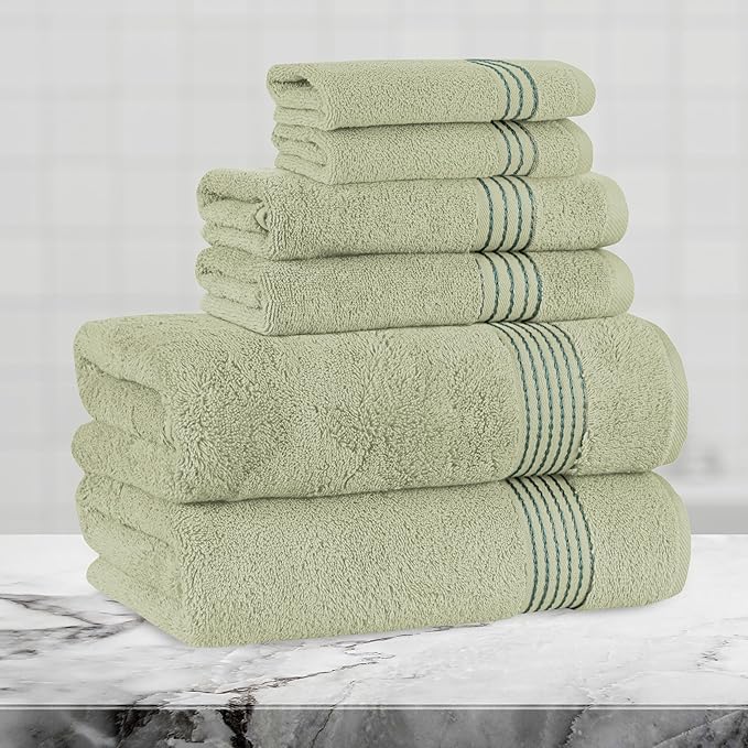 Mocassi Luxury 100% Turkish Cotton 6-Piece Towel Set - Ultra Soft, Quick Dry Highly Absorbent Premium Spa Hotel Quality Bath Towels, Includes 2 Bath Towels, 2 Hand Towels and 2 Washcloths, Mint Green