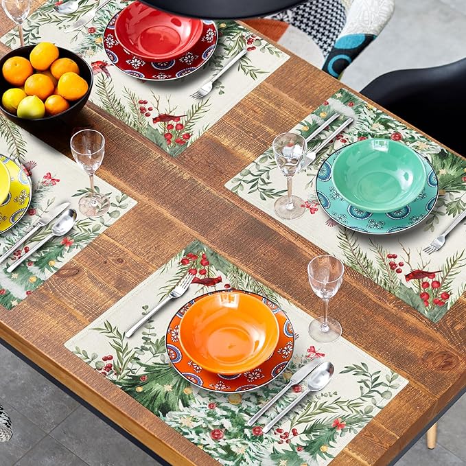 Christmas Placemats for Dining Table Set of 4, Watercolor Xmas Tree Red Bird Washable Non-Slip Heat Resistant Line Fabric Place Mats Winter Table Mats 12x18 Inch for Holiday Decor Party