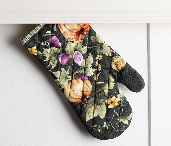 Maison d' Hermine Oven Gloves 100% Cotton Oven Mitt 7" x 13" with Loop Heat Resistant Cooking Gloves for Thanksgiving Christmas Decorations Handling Hot Pans (Pack of 1, Pumpkin Garden - Dark Green)