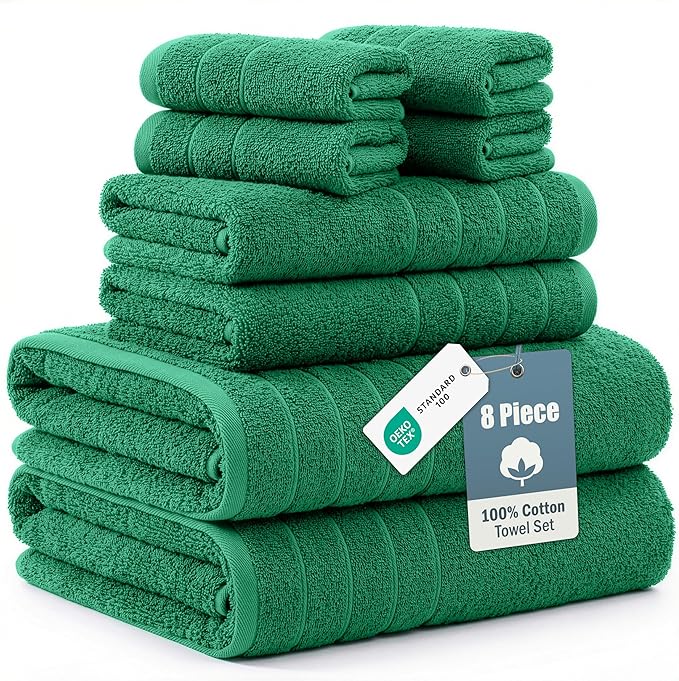Casa Platino 100% Mercerized Cotton Bathroom Towel Set - 8 Pieces, Hotel Quality - Super Soft & Highly Absorbent - Ring Spun - 2 Large Bath Towels, 4 Washcloths, 2 Hand Towels - Family Pack - Emerald