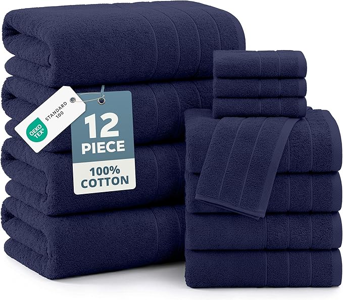 Casa Platino Luxury Cotton Bath Towel Set - 12 PCs - Low Twist, Soft & High Absorbency - 4 Bath, 4 Wash Cloth, 4 Hand Towels - Classic Hotel Quality, Durable & Ideal for Modern Bathrooms - Navy Blue