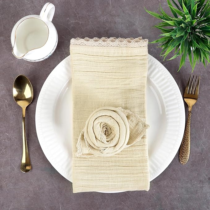 FINGERCRAFT Dinner Cloth Napkin Cotton Muslin Double Gauze 12 Pack with Classic Lace for Everyday Use, Wedding, Party, Christmas, Easter Napkins Cloth are Pre Shrunk and Good Absorbency Beige