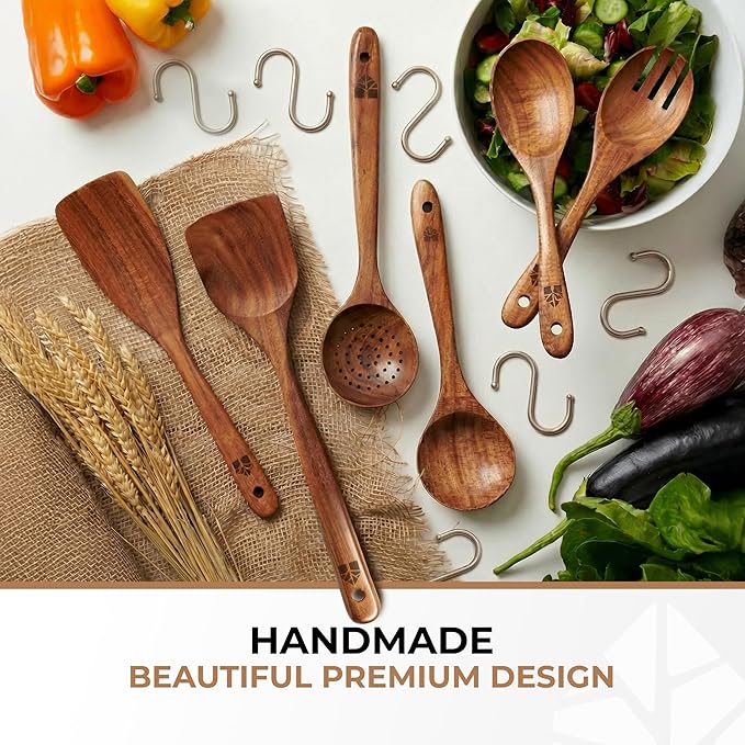 Wooden Spoons for Cooking – 6 Pcs Premium Teak Wooden Utensil Set with Hooks - Durable, Nonstick Safe, Easy to Clean & Heat Resistant with Ergonomic Handles